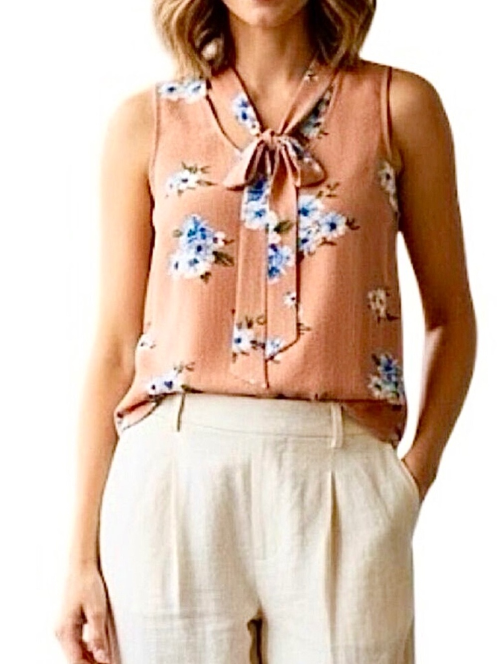 Old money romantic muted coral floral sleeveless tie neck top blouse M